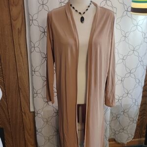 Express Long Open-Front Cardigan in Tan